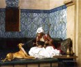 Arnaut soufflant de la fumée sur le nez de son chien orientalisme grec grec Jean Léon Gérôme